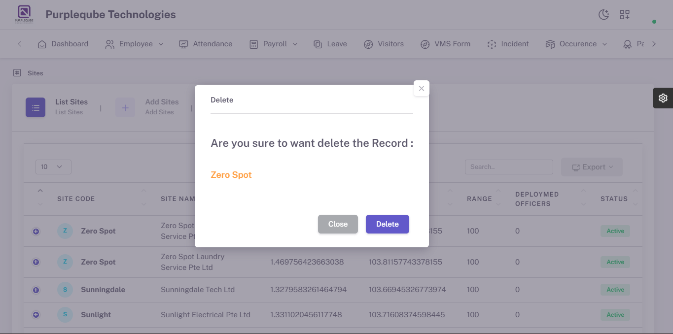 Delete confirmation dialog showing the site name to be deleted